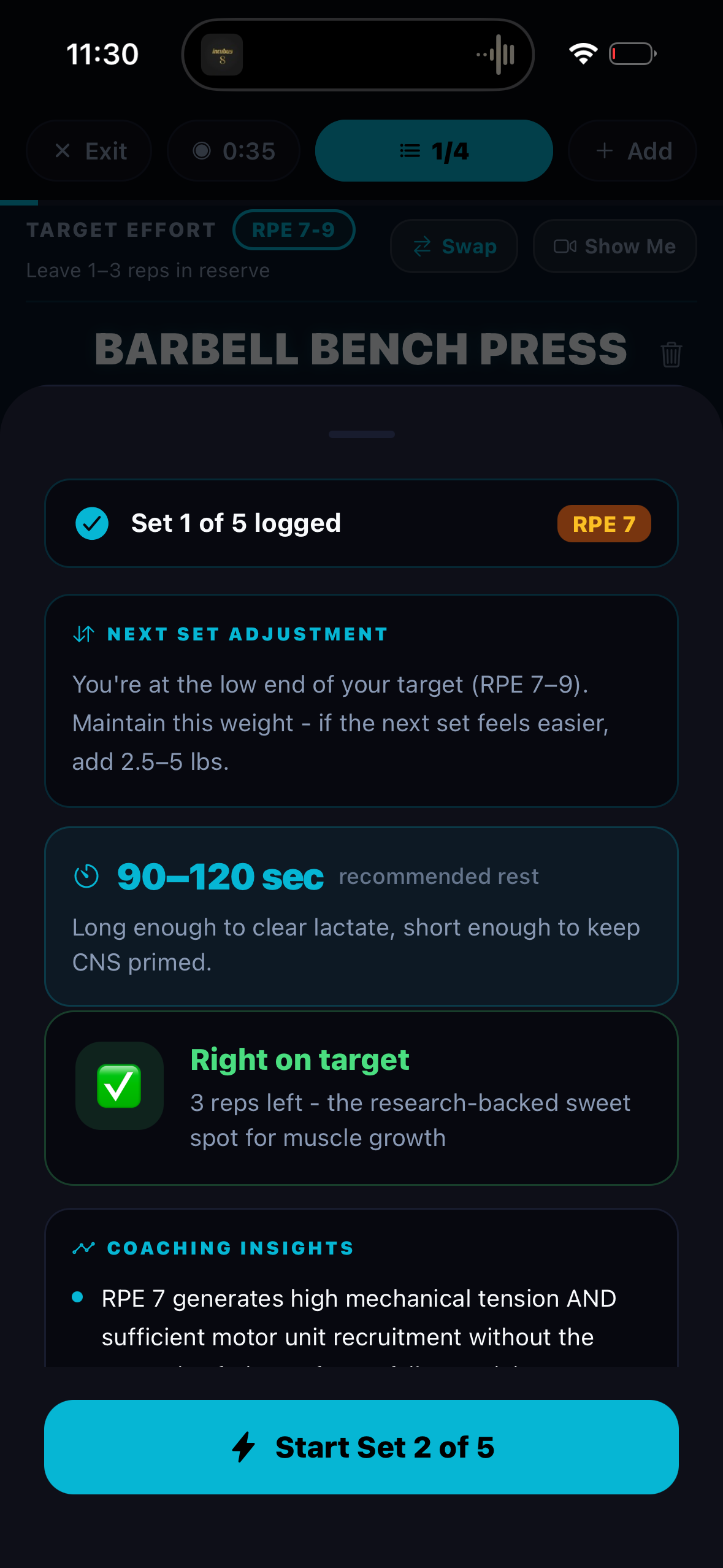 Real ForgeBuilt post-set screen showing next-set adjustment, recommended rest and coaching insights