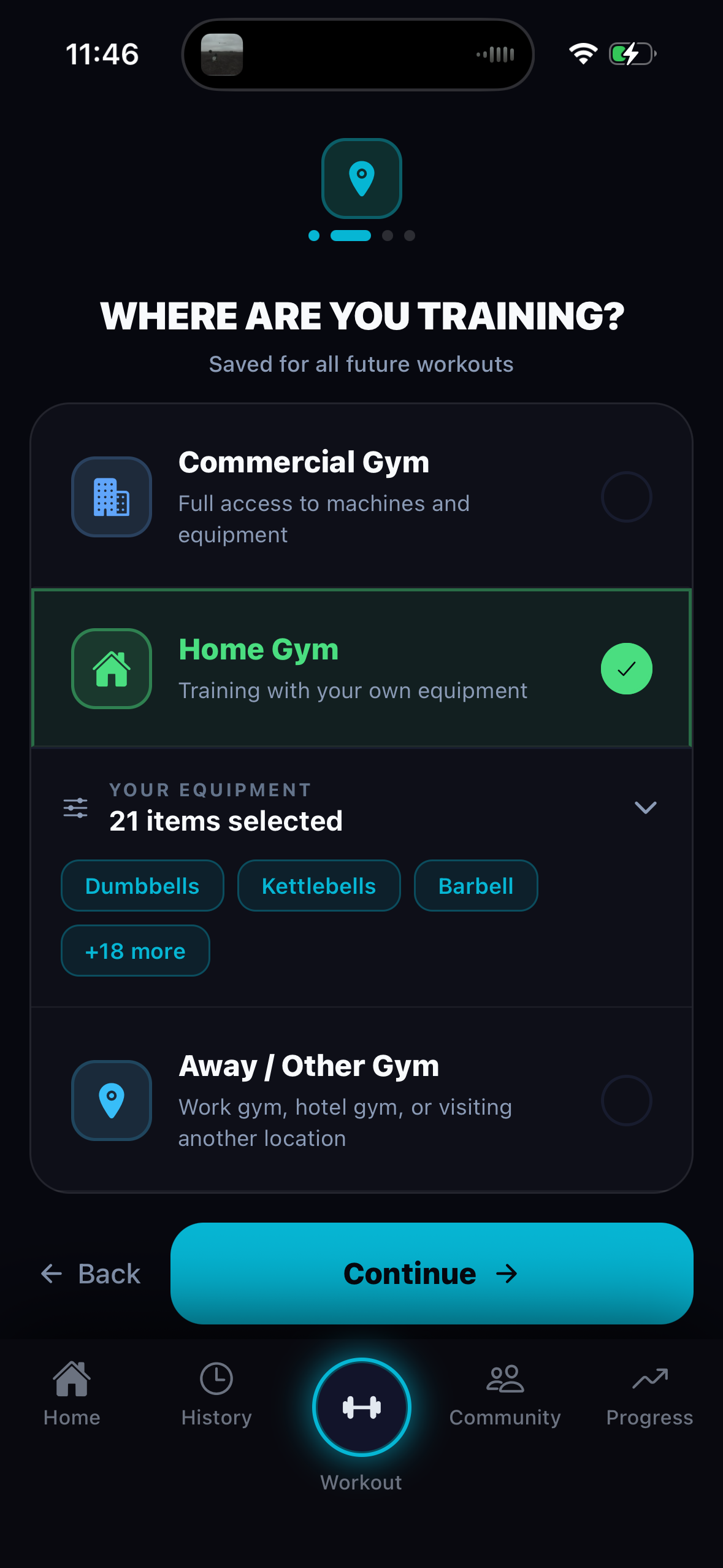 Real ForgeBuilt app screen selecting a home gym and showing 21 selected equipment items