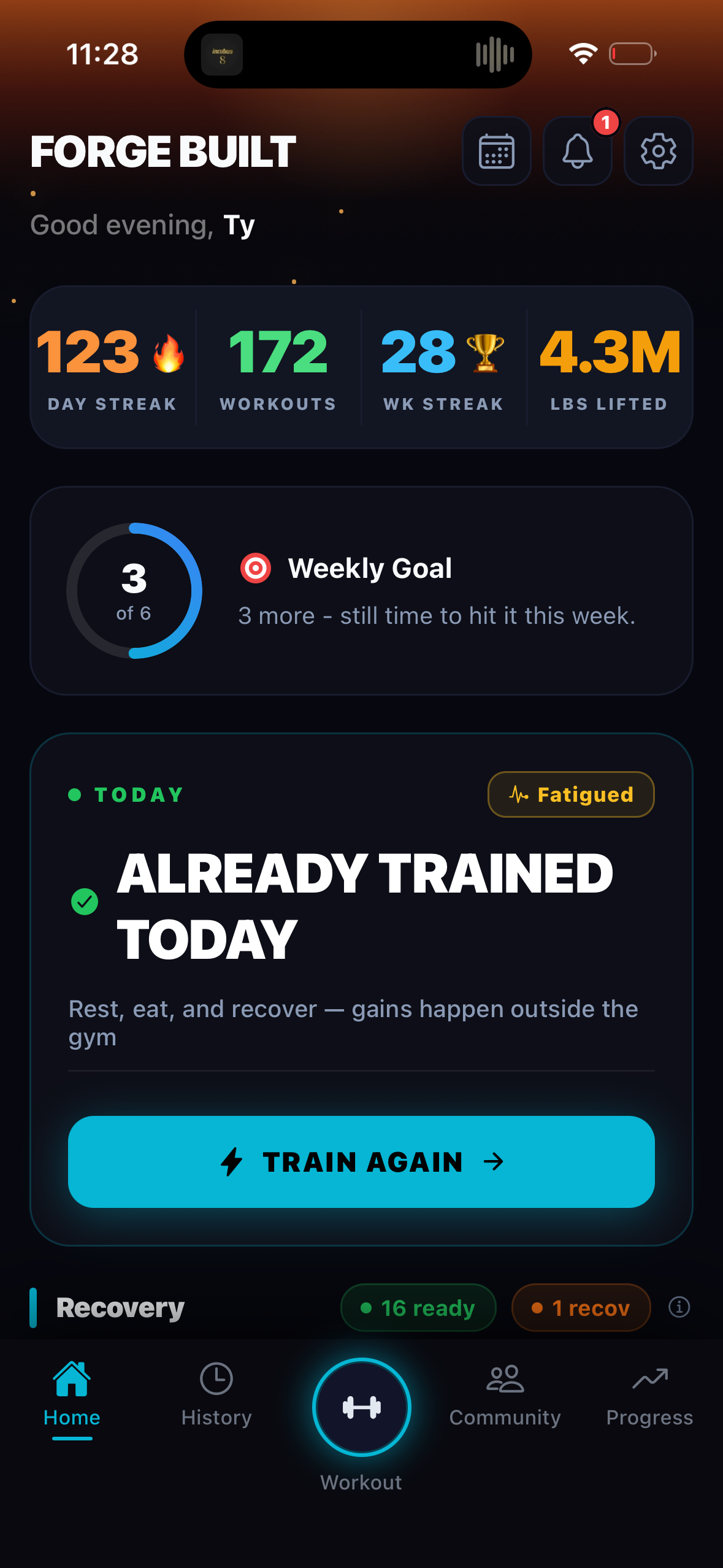 ForgeBuilt home screen showing a weekly goal, training status and Train Again action