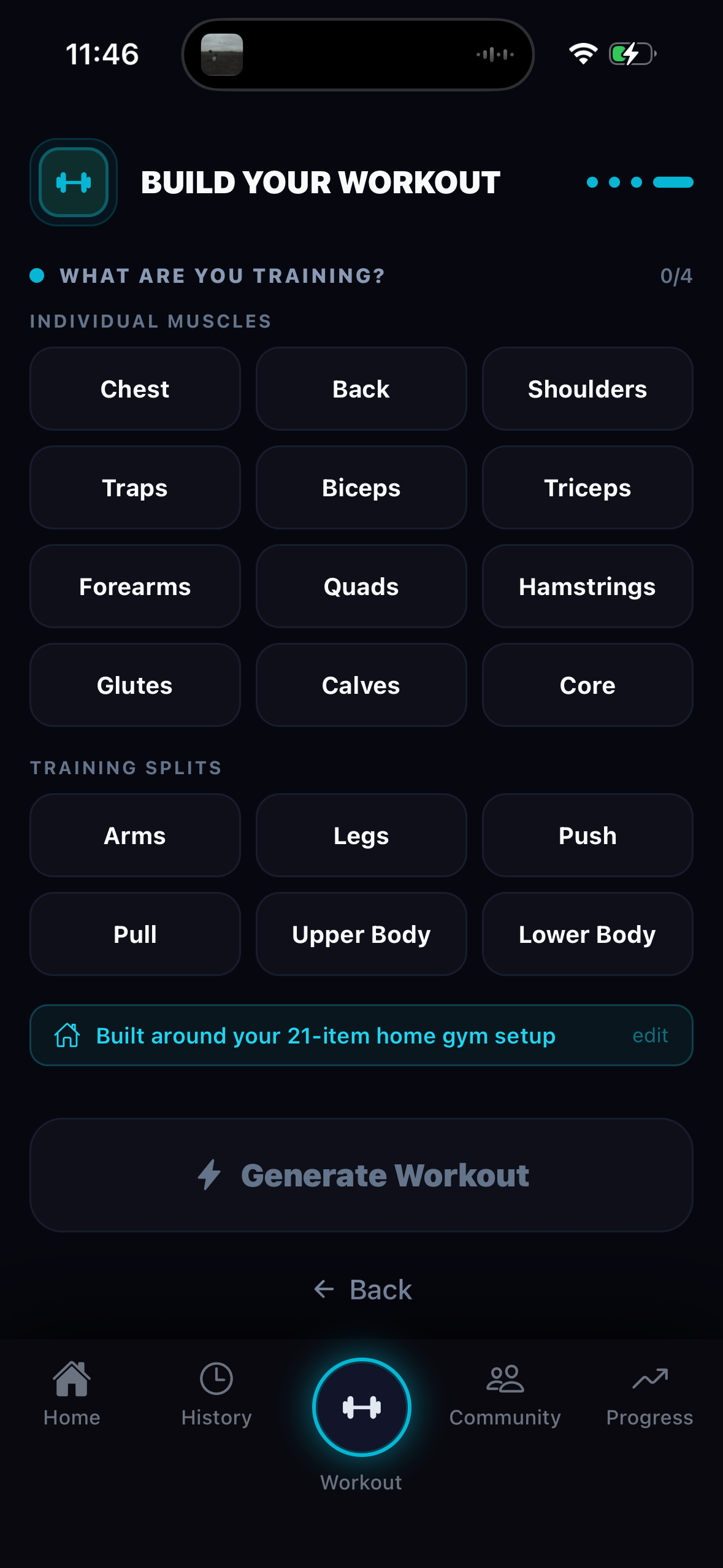 Real ForgeBuilt app screen for selecting individual muscles or training splits