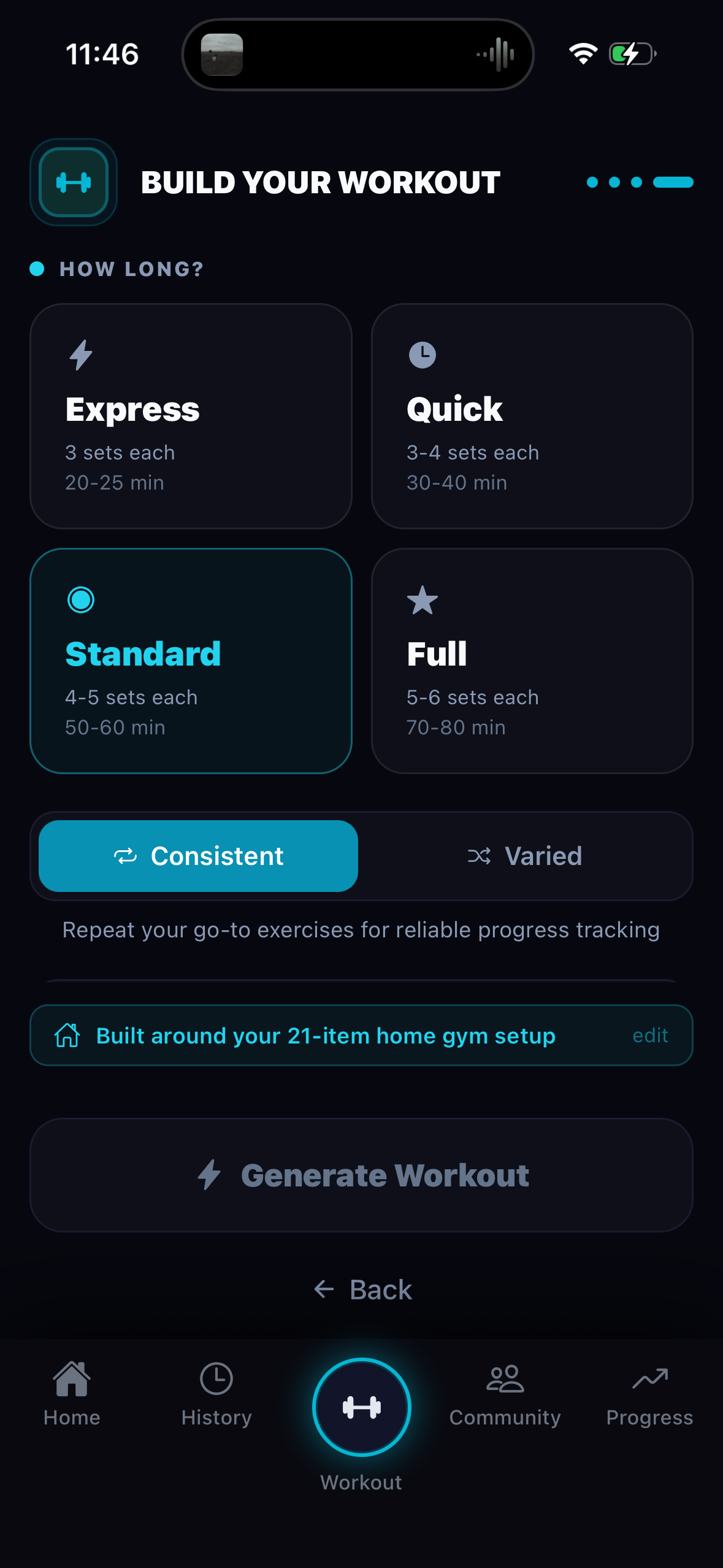 Real ForgeBuilt app screen selecting express, quick, standard or full workout duration