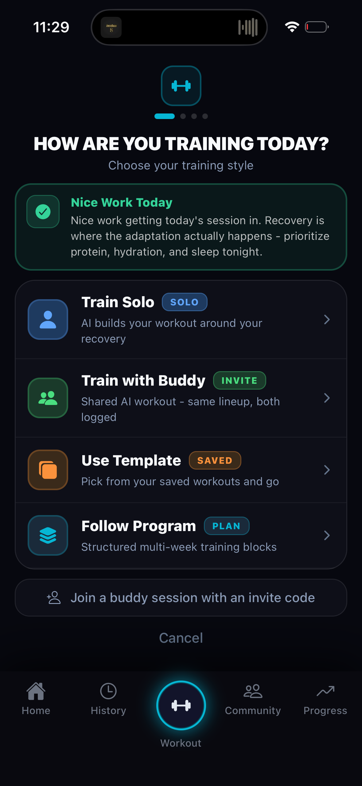 ForgeBuilt training choice screen with solo, buddy, template and program options