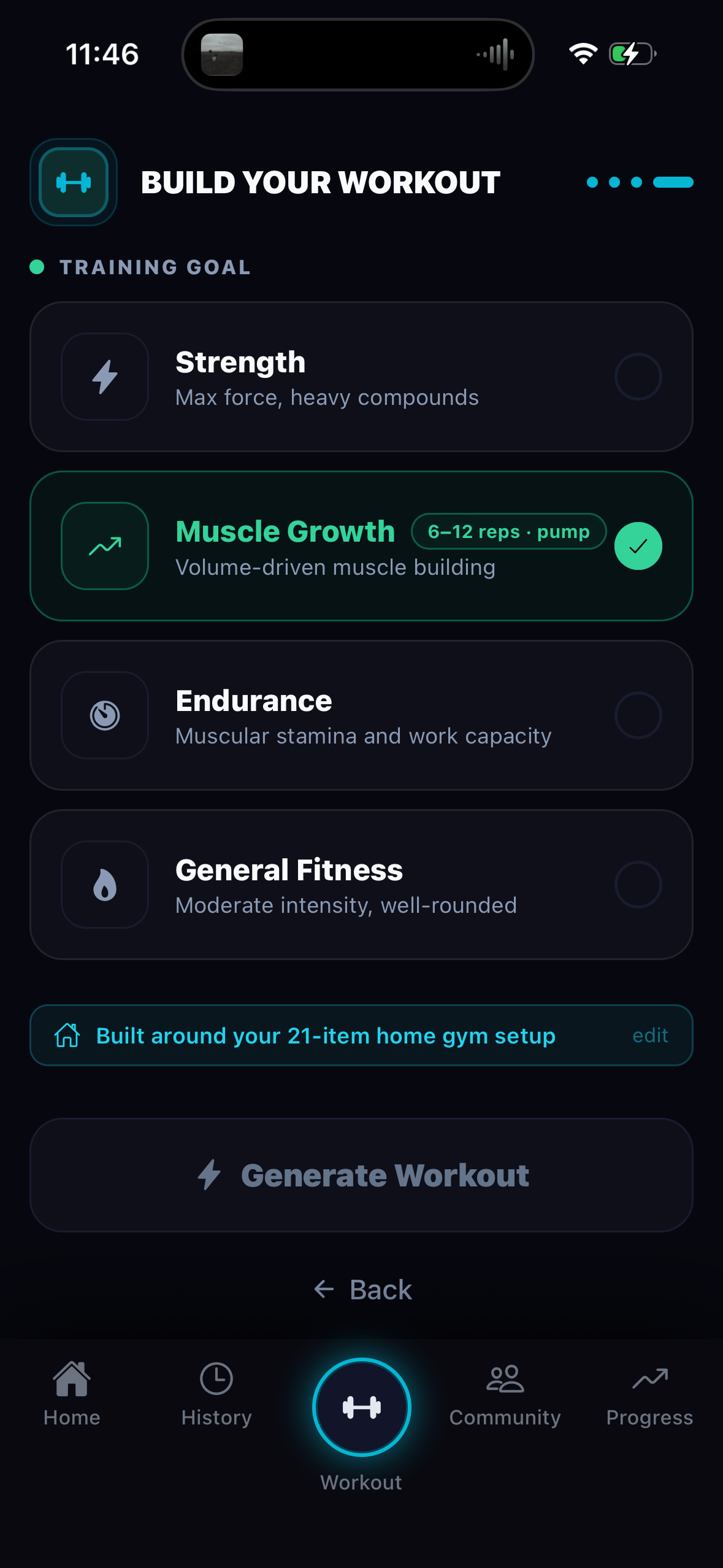 Real ForgeBuilt app screen showing strength, muscle growth, endurance and general fitness goals